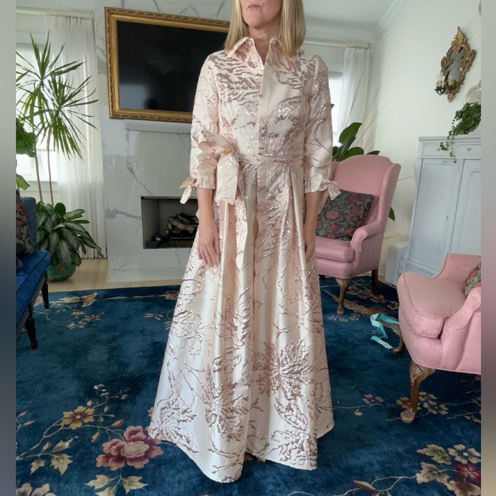 Teri Jon Blush and Rose Metallic Jacquard Long Sleeve Shirt Dress